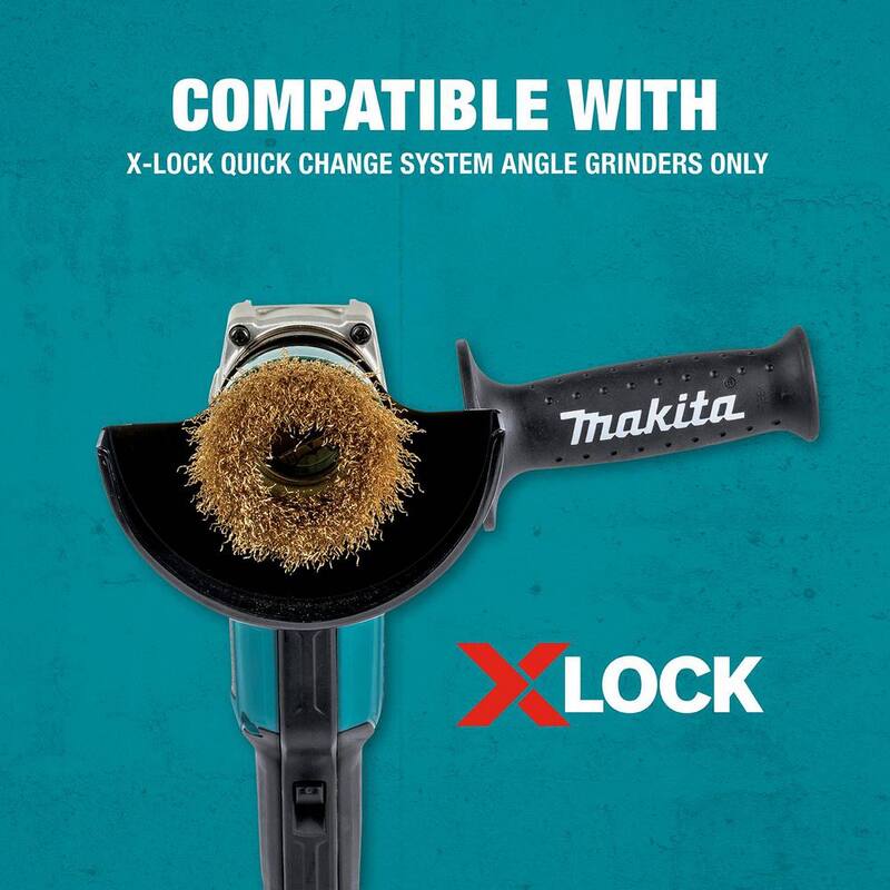 Sistema de Cambio Rápido X-Lock de Makita 3 pulgadas. Cepillo de taza de alambre de acero al carbono recubierto de latón - D-72671