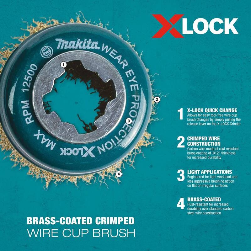 Sistema de Cambio Rápido X-Lock de Makita 3 pulgadas. Cepillo de taza de alambre de acero al carbono recubierto de latón - D-72671