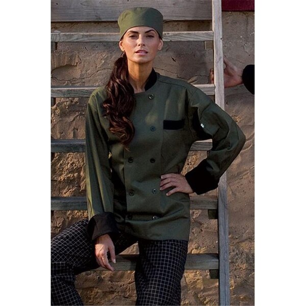 Nathan Caleb Newport Chef Coat 10 Buttons in Olive/Black Trim Large - NA608900