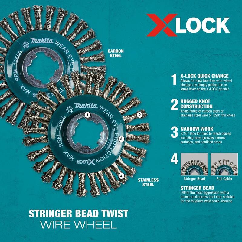 Sistema de cambio rápido X-Lock de Makita para rueda de alambre trenzado de cuentas de acero inoxidable de 4-1/2 pulgadas - D-72609