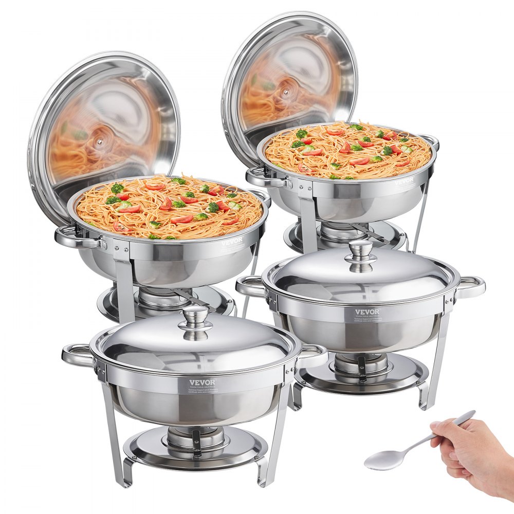 VEVOR Chafing Dish Buffet Set, 6 Qt 4 Pack, Stainless Steel Chafer with Full Size Pan, Round Catering Warmer Server with Lid Water Pan Stand Fuel Holder Cover Holder Spoon, for at Least 6 People Each - YXKCL4JTYXBX30CYDV0