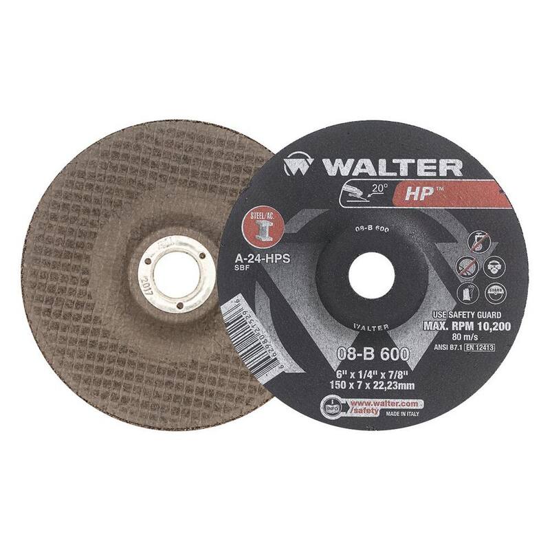 Disco de desbaste WALTER SURFACE TECHNOLOGIES ALLSTEEL de 6 pulgadas x 7/8 pulgadas x 1/4 pulgadas, Arbor x T27 GR A-24-AS (paquete de 25) - 08C600