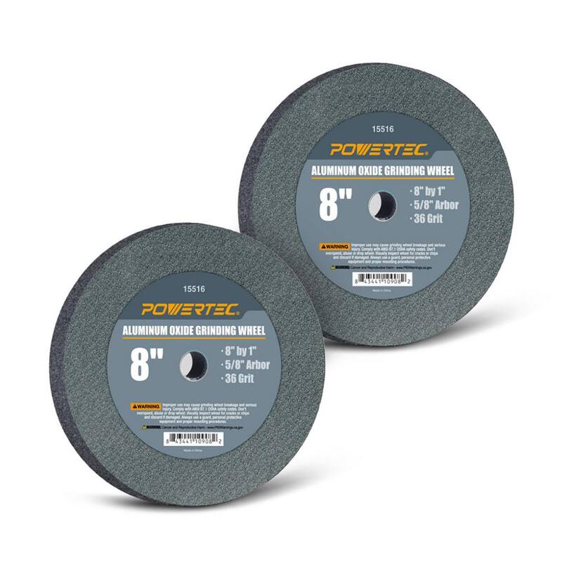 POWERTEC Llanta de alúmina de óxido de aluminio de grano 36 de 8 pulgadas x 1 pulgada y con arbor de 5/8 pulgadas para amoladora de banco (paquete de 2) - 15516-P2