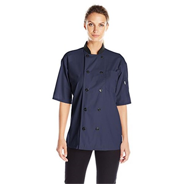 Charlotte Madison Uncommon Threads Womens Havana Chef Coat SS Mesh Black Trim, Navy - Medium - CH2032179