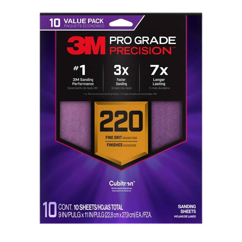 Hoja de lija de grano 220 de 9 pulgadas x 11 pulgadas de grado profesional de 3M con respaldo antideslizante para lijado más rápido (paquete de 10) - SHR220-PGP-10T