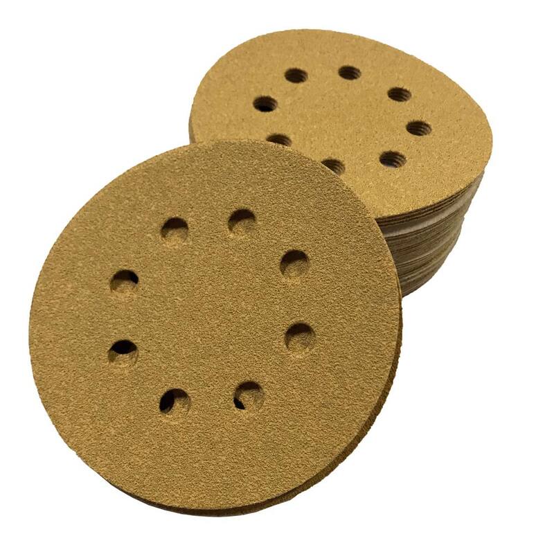 Discos de lija de óxido de aluminio estearado en oro de 5 pulgadas, 8 agujeros, 400 grano, con agarre de gancho y lazo (50 por caja) - K3-585-400.