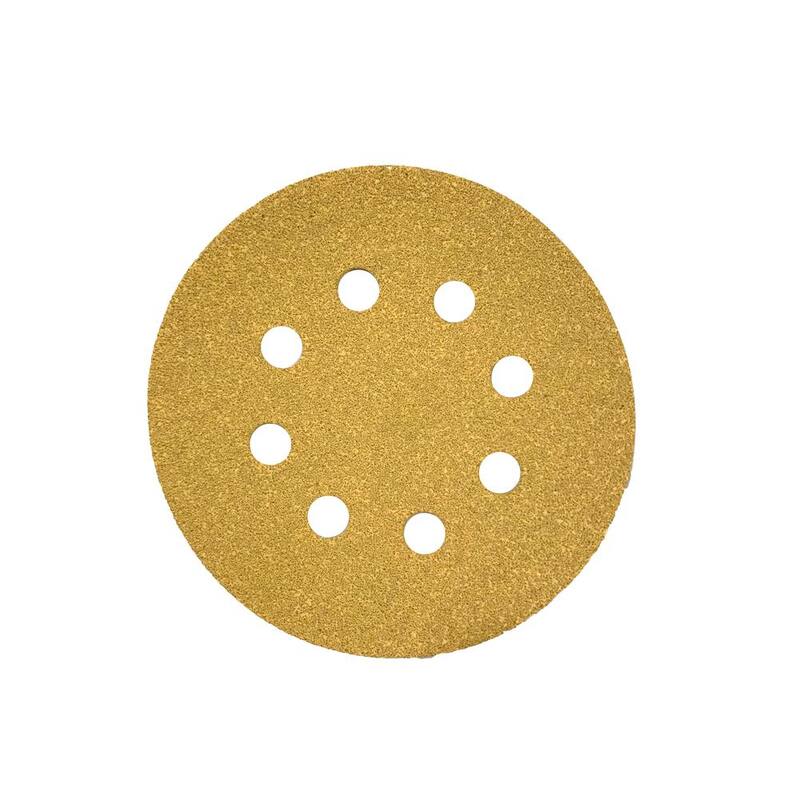 Discos de lija de óxido de aluminio estearado en oro de 5 pulgadas, 8 agujeros, 400 grano, con agarre de gancho y lazo (50 por caja) - K3-585-400.