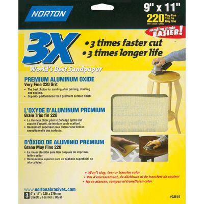 Norton 9 pulgadas x 11 pulgadas 220 grano Hojas de lija 3X (paquete de 3) - 02616