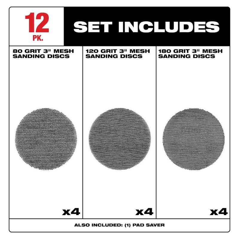 Discos de lija de malla de 80, 120 y 180 granos para M12 FUEL 3 in. Lijadora orbital aleatoria de Milwaukee (13 piezas) - 48-80-6405