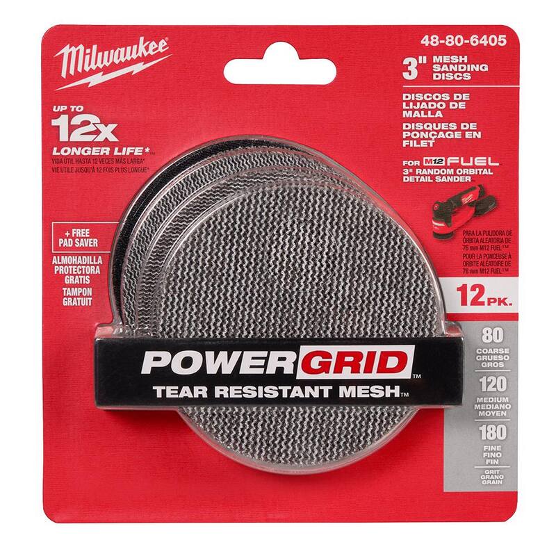 Discos de lija de malla de 80, 120 y 180 granos para M12 FUEL 3 in. Lijadora orbital aleatoria de Milwaukee (13 piezas) - 48-80-6405