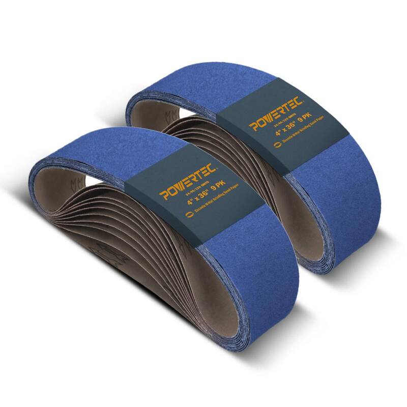 POWERTEC 4 pulgadas x 36 pulgadas. 6 de cada uno de los granos 24/60/120, cinturones de lija de circonio para lijadora de banda surtida (paquete de 18) - 443620Z-P2N