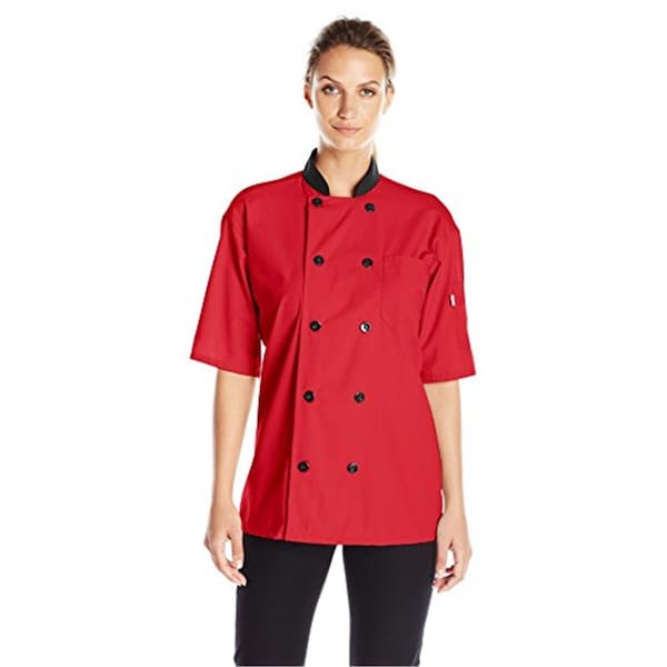 Charlotte Madison Uncommon Threads Womens Havana Chef Coat SS Mesh Black Trim, Red - Medium - CH2025491