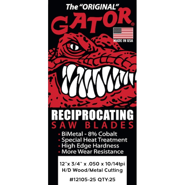Gator Reciprocating Saw Blade 12 in. x 3/4 in. x 10/14tpi #12105-25, Heavy Duty Metal/Wood Cutting, 25PK - 12105-25