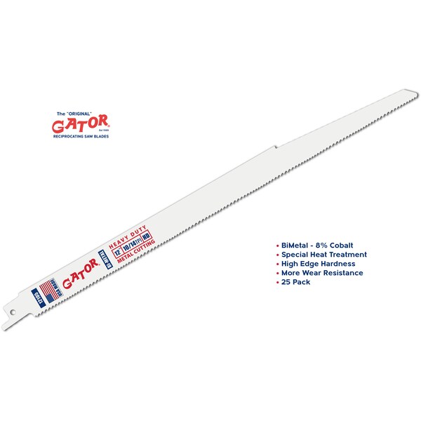 Gator Reciprocating Saw Blade 12 in. x 3/4 in. x 10/14tpi #12105-25, Heavy Duty Metal/Wood Cutting, 25PK - 12105-25