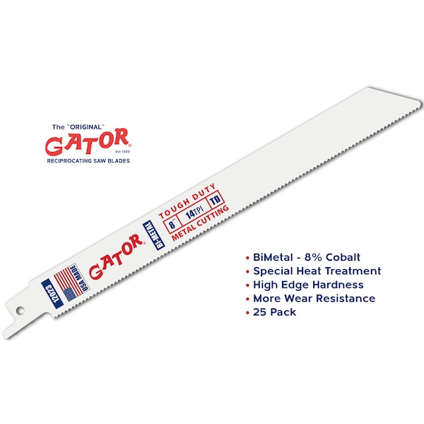 Gator Reciprocating Saw Blade 8 in. x 3/4 in. x 14pi #12023-25, Tough Duty Metal Cutting, 25PK - 12023-25