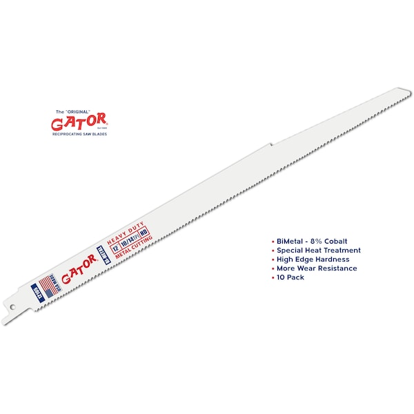 Gator Reciprocating Saw Blade 12 in. x 3/4 in. x 10/14tpi #12105-10, Heavy Duty Metal/Wood Cutting, 10PK - 12105-10
