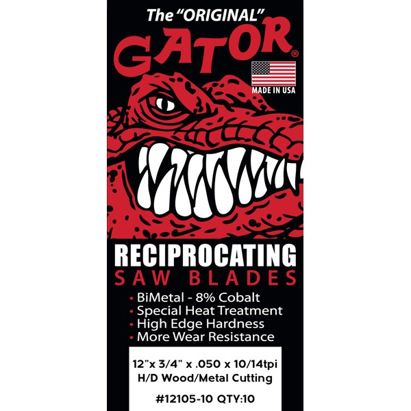 Gator Reciprocating Saw Blade 12 in. x 3/4 in. x 10/14tpi #12105-10, Heavy Duty Metal/Wood Cutting, 10PK - 12105-10