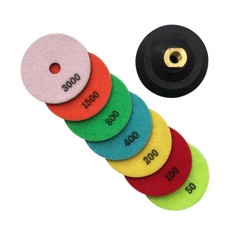 Juego de almohadillas de pulido de diamante húmedo de resina oscura de 4 pulgadas (50 100 200 400 800 1500 3000 grit) para granito y concreto con respaldo de hule - RWP4512481530R4