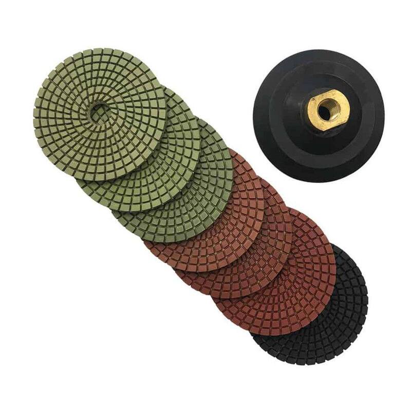 Juego de almohadillas de pulido de diamante húmedo de resina oscura de 4 pulgadas (50 100 200 400 800 1500 3000 grit) para granito y concreto con respaldo de hule - RWP4512481530R4