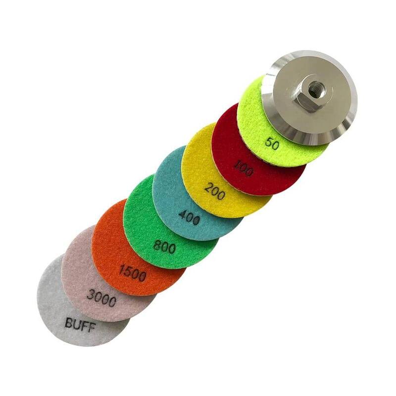 Juego de Almohadillas de Pulido de Diamante Húmedas de 4 pulgadas en Resina Blanca y Almohadilla Trasera de Aluminio, 50 100 200 400 800 1500 3000 Granos y Almohadilla Pulidora - RWS4_8setA4BP