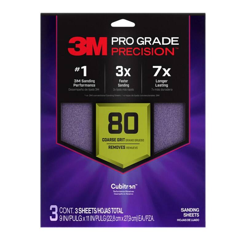 Hoja de lijado de grano 80 más rápida de precisión Pro Grade de 3M con respaldo antideslizante (paquete de 3) - SHR80-PGP-3T