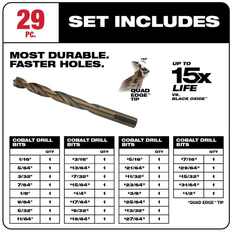 Set de brocas Milwaukee Cobalt Red Helix para taladros con puntas de accionamiento W/SHOCKWAVE de acero de aleación resistente a impacto Set de 89 piezas) - 48-89-2332-48-32-4097