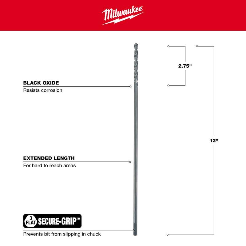 Broca de acero de alta velocidad Milwaukee de 1/4 de pulgada x 12 pulgadas - 48-89-2772, con recubrimiento de óxido negro de longitud de aeronaves Thunderbolt.