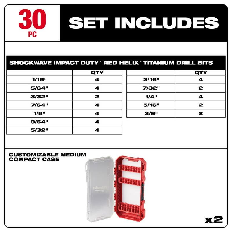 Set de brocas de titanio Milwaukee SHOCKWAVE para trabajo con impacto (30 piezas) - 48-89-4670-48-89-4670