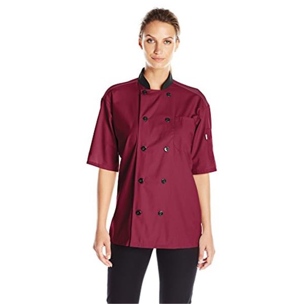 Charlotte Madison Uncommon Threads Womens Havana Chef Coat SS Mesh Black Trim, Burgundy - Extra Large - CH2181278