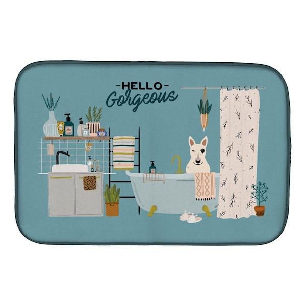 Carolines Treasures 14 x 21 in. White Bull Terrier in Bathtub Dish Drying Mat - CK7560DDM