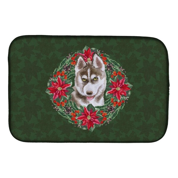 Carolines Treasures Siberian Husky Grey Poinsetta Wreath Dish Drying Mat - CK1562DDM