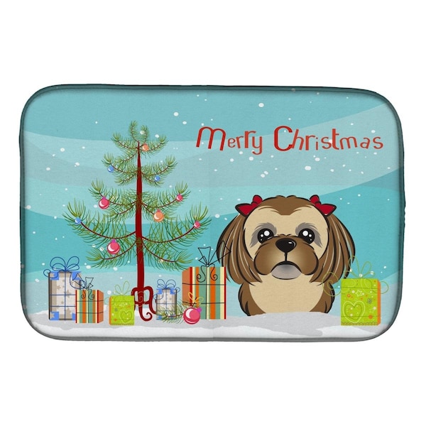 Carolines Treasures Christmas Tree & Chocolate Brown Shih Tzu Dish Drying Mat - BB1621DDM