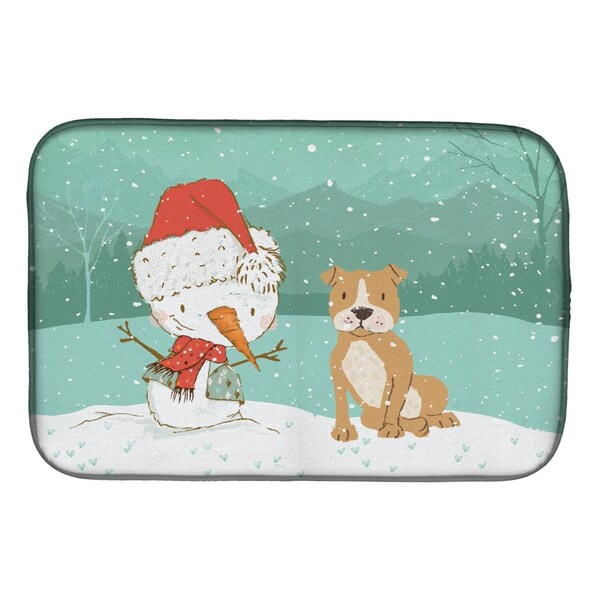Carolines Treasures Brown Staffie Snowman Christmas Dish Drying Mat - CK2076DDM