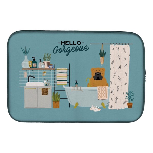 Carolines Treasures 14 x 21 in. Red English Bulldog in Bathtub Dish Drying Mat - CK7544DDM