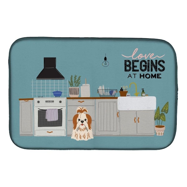 Carolines Treasures 14 x 21 in. Red White Shih Tzu Kitchen Scene Dish Drying Mat - CK7791DDM