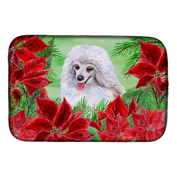 Carolines Treasures Medium White Poodle Poinsettas Dish Drying Mat - CK1331DDM