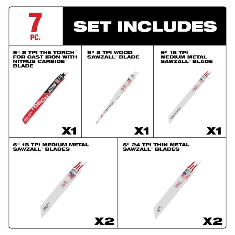 Set de hojas de sierra alternante bimetálicas para corte de madera y metal Milwaukee SAWZALL con hoja NITRUS Torch de 8 TPI (7 piezas) - 49-22-1306B