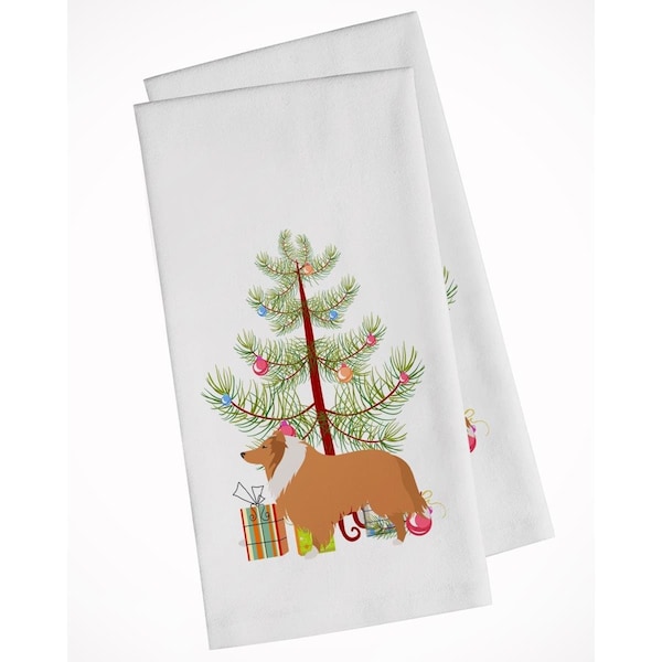 Carolines Treasures Collie Dog Merry Christmas Tree White Kitchen Towel, 2PK - BB2934WTKT