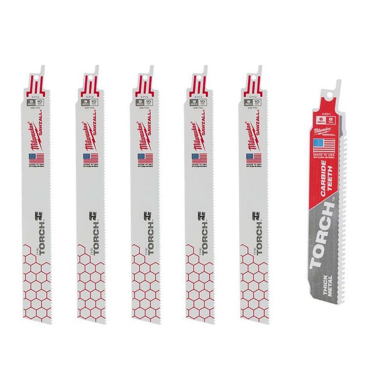 Milwaukee 9 pulgadas 10 TPI TORCH Cuchillas para corte de metal grueso y 6 pulgadas 8 TPI Hoja de sierra de metal de carburo para SAWZALL Recip Saw (6 piezas) - 48-00-5713S-48-00-5201