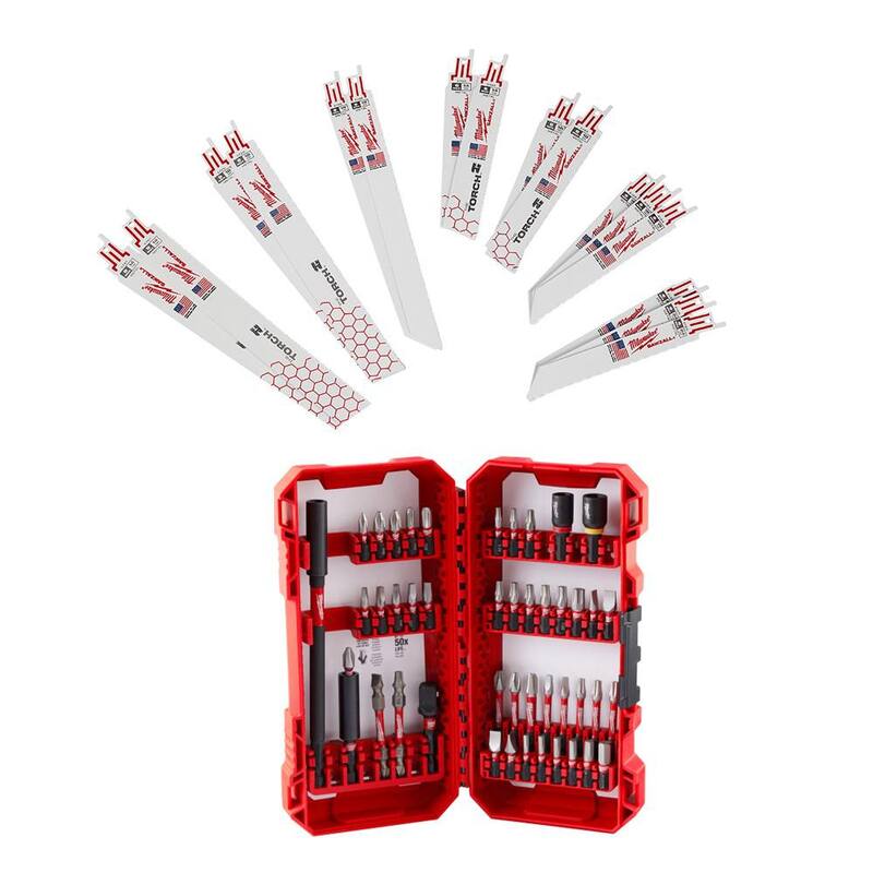 Juego de hojas de sierra de vaivén para corte de metal Milwaukee SAWZALL Bi-Metal con juego de puntas de destornillador de acero para impacto SHOCKWAVE (61 piezas) - 49-22-1216-48-32-4023