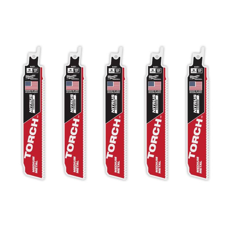 Milwaukee 6 pulgadas 10 TPI TORCH Nitrus Carbide Teeth Hoja de sierra alternante para metal de corte medio (paquete de 5) - 48-00-6551