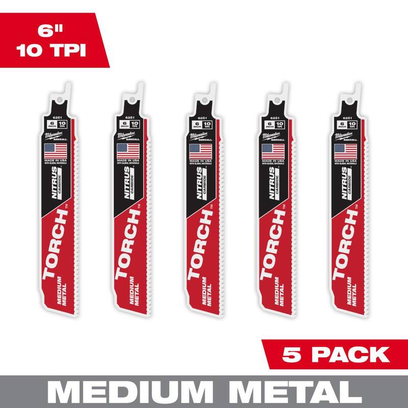 Milwaukee 6 pulgadas 10 TPI TORCH Nitrus Carbide Teeth Hoja de sierra alternante para metal de corte medio (paquete de 5) - 48-00-6551