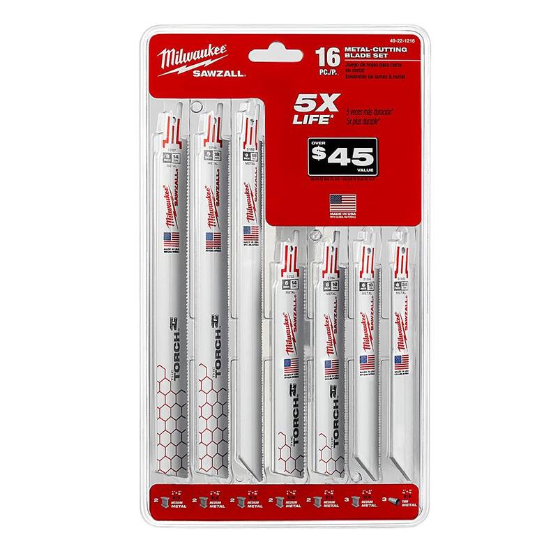 Set de hojas de sierra alternativa Milwaukee SAWZALL para corte de metal bi-metal (16 piezas) con hoja de carburo TORCH de 6 pulgadas - 49-22-1216-48-00-5201