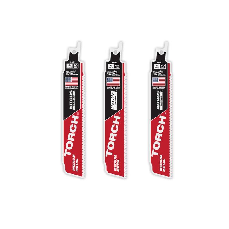 Milwaukee 6 pulgadas 10 TPI TORCH Nitrus Carbide dientes Hoja de sierra reciproca para corte de metal mediano (paquete de 3) - 48-00-6351