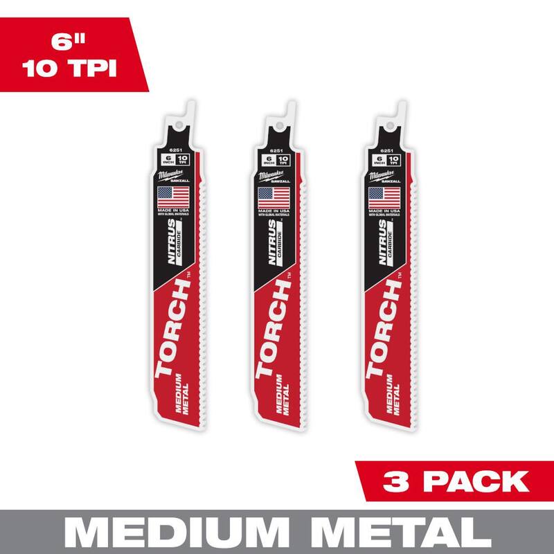 Milwaukee 6 pulgadas 10 TPI TORCH Nitrus Carbide dientes Hoja de sierra reciproca para corte de metal mediano (paquete de 3) - 48-00-6351