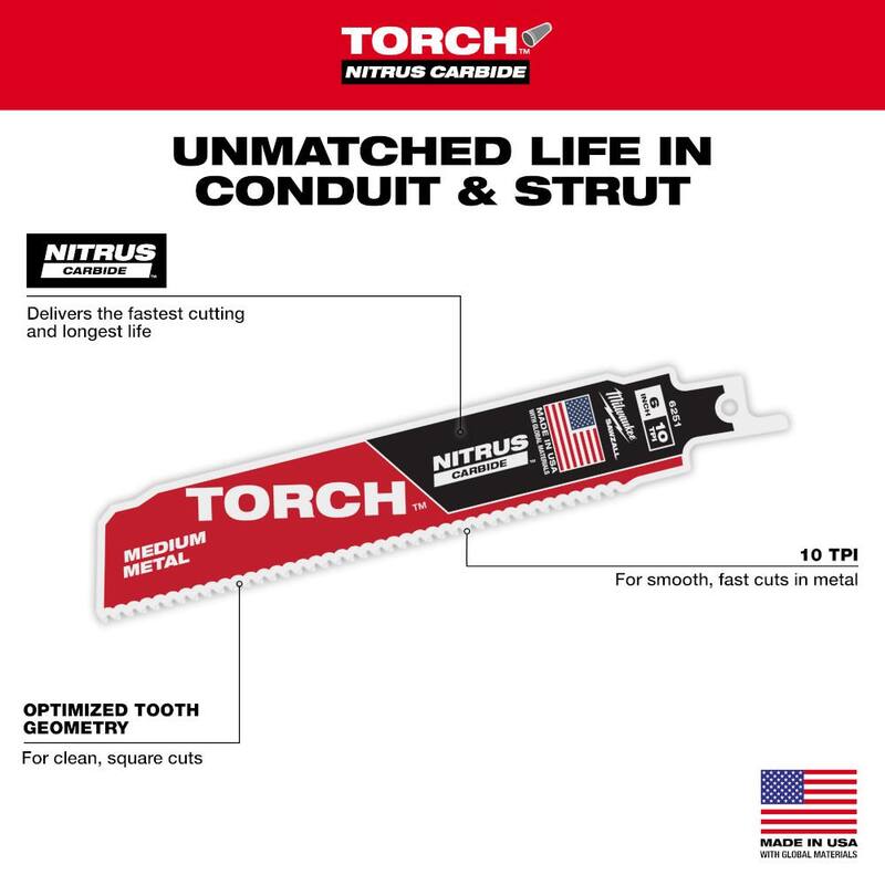 Milwaukee 6 pulgadas 10 TPI TORCH Nitrus Carbide dientes Hoja de sierra reciproca para corte de metal mediano (paquete de 3) - 48-00-6351