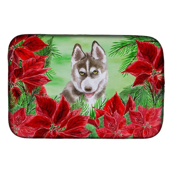 Carolines Treasures Siberian Husky Grey Poinsettas Dish Drying Mat - CK1344DDM