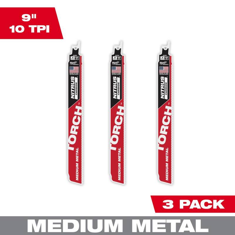Milwaukee 9 in. 10 TPI TORCH Nitrus Carbide Teeth Medium Metal Cutting SAWZALL Hoja de sierra reciproca (3-Pack) - 48-00-6352