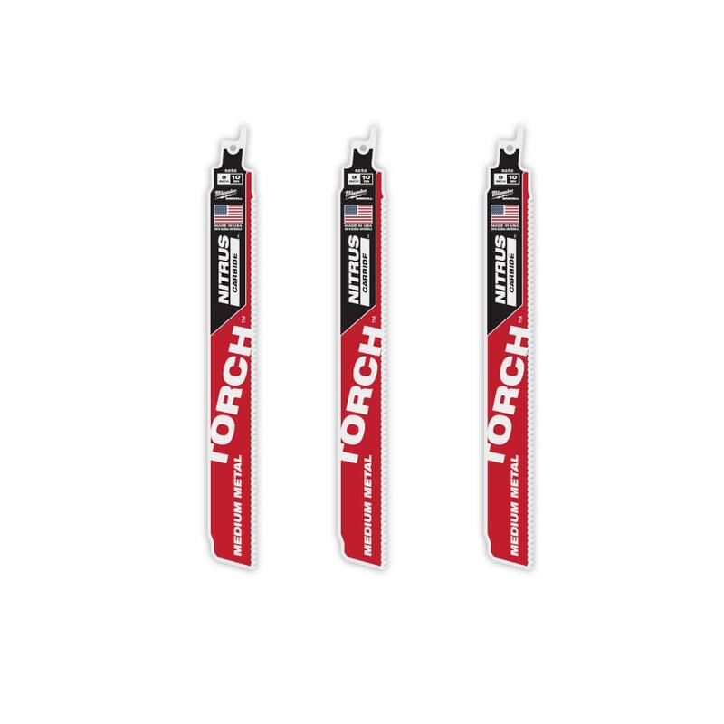 Milwaukee 9 in. 10 TPI TORCH Nitrus Carbide Teeth Medium Metal Cutting SAWZALL Hoja de sierra reciproca (3-Pack) - 48-00-6352