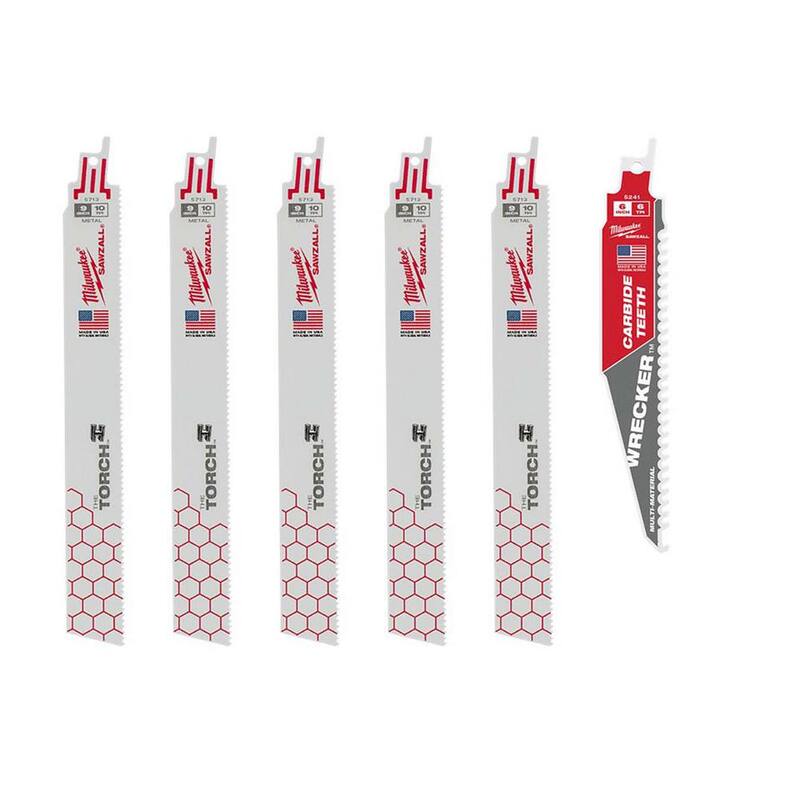 Milwaukee 9 pulgadas 10 TPI TORCH Cuchillas de corte de metal grueso y 6 pulgadas 6 TPI WRECKER Hoja de sierra para corte de múltiples materiales con carburo SAWZALL (paquete de 6) - 48-00-5713S-48-00-5241.